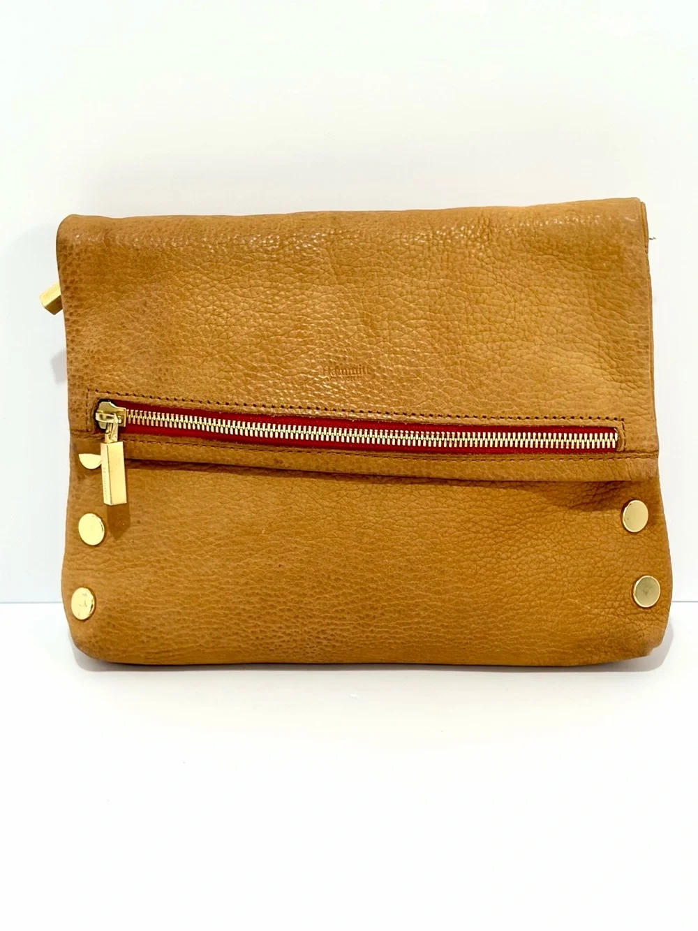 HAMMITT VIP MD Crossbody Bag In Tan Pebbled Nubuck/Brushed Gold/Red Zip